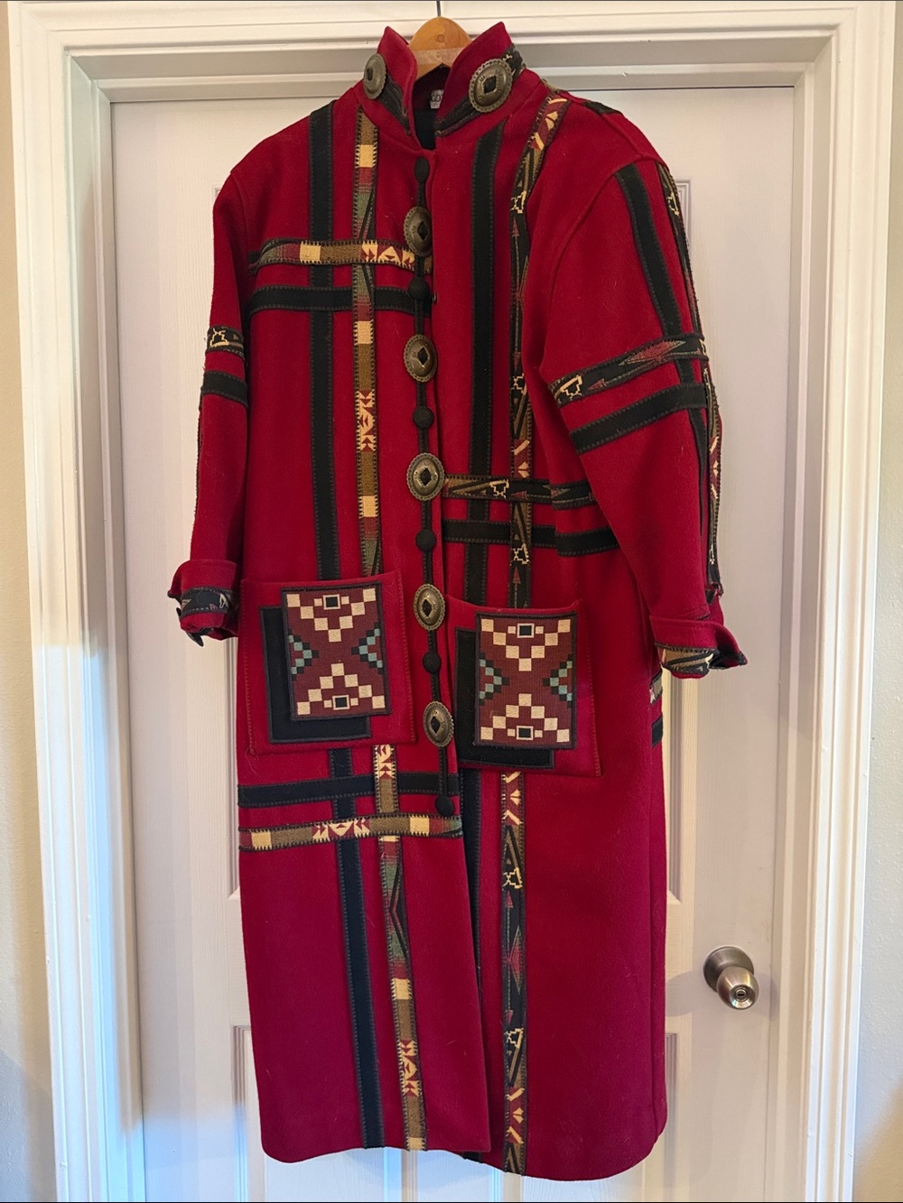 Red Patterned Long Women's Coat - Bohemian Patchwork Design